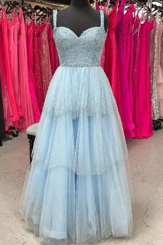 prom dress try-on ideasLight Blue Sweetheart Beaded Straps Multi-Layers Long Prom Dress