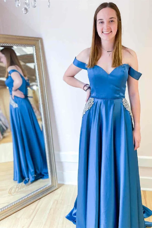 illusion neckline prom dressesOff the Shoulder Blue Long Prom Dress with beads