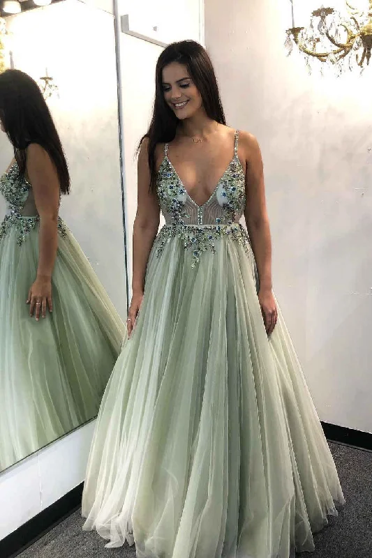 prom dress accessoriesA-Line Beaded Sage Green Tulle Prom Dress