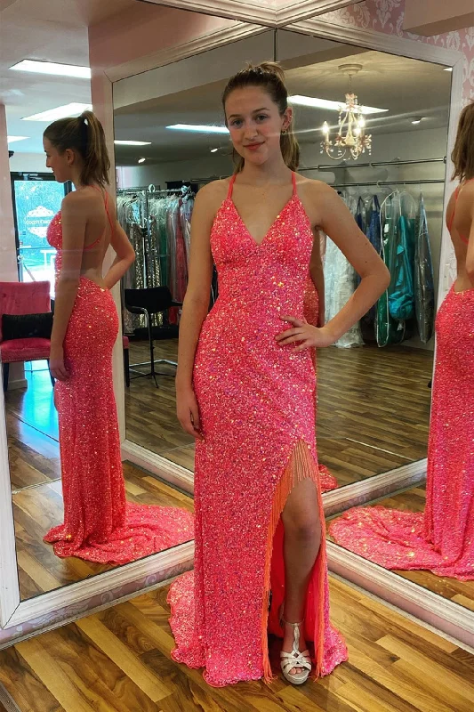 lace-up prom dressesHot Pink Mermaid V Neck Sequins Crossed Back Long Prom Dress with Slit