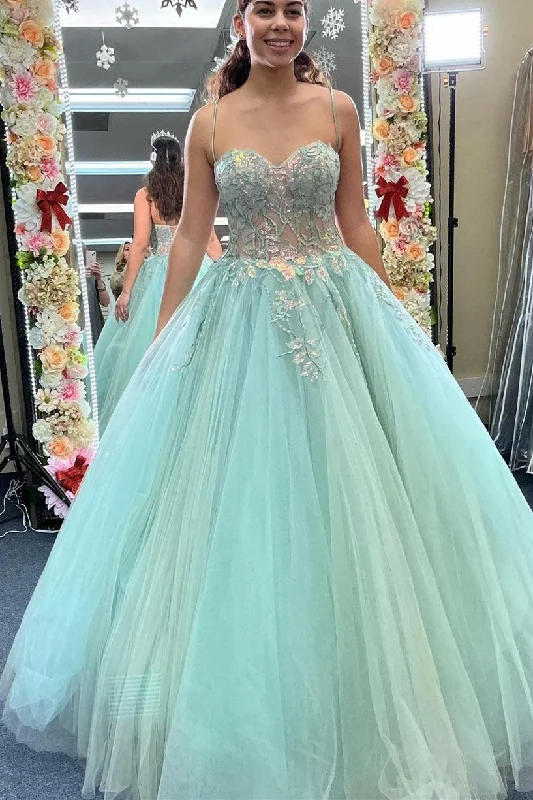 lace-up prom dressesStraps Sage Green Tulle Floral Embroidery Long Prom Gown