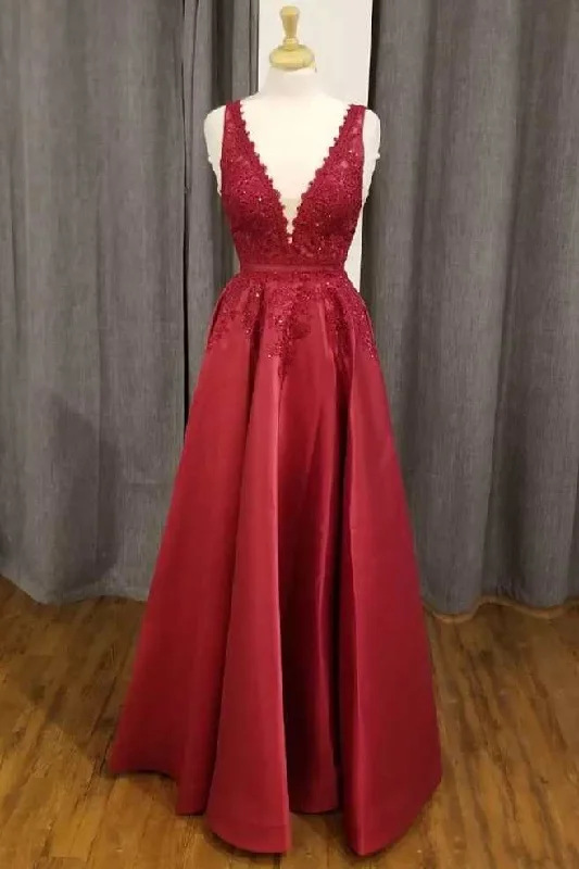 prom dresses with floral embroideryRed Lace Satin Plunge V A-Line Prom Dress