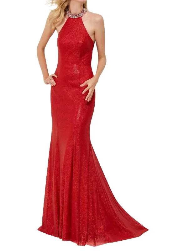 prom dresses for plus-size figuresSequin Halter Prom Dress In Hot Red