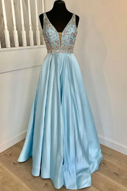 metallic prom dressesElegant Light Blue A-line Beaded Long Prom Dress