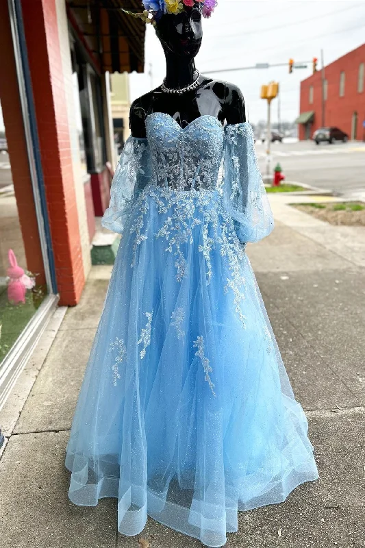 spaghetti strap prom dressesBlue Floral Lace Sweetheart A-Line Prom Gown with Sleeves