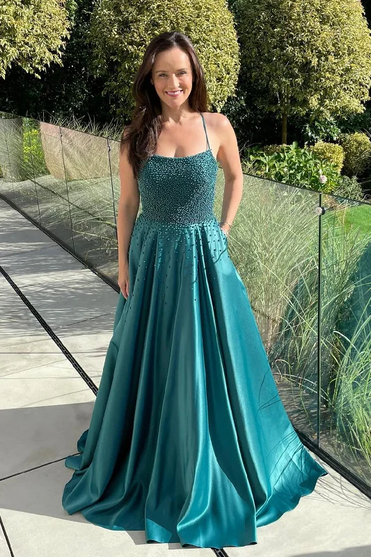 custom prom dressesGreen A-line Beaded Lace-Up Back Satin Long Prom Dress