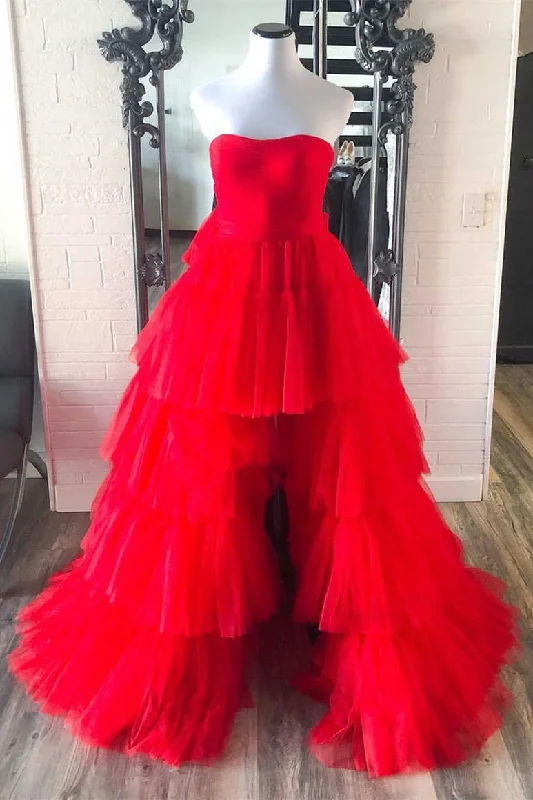 backless prom dressesStrapless High Low Tiered Red Tulle Prom Dress