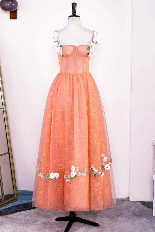 prom dress color trendsOrange Floral Straps A-line Embroidery Tea-Length Prom Dress