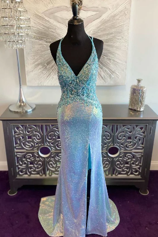 two-piece prom dressesBlue Iridescent Sequin V-Neck Lace-Up Back Mermaid Long Prom Dress