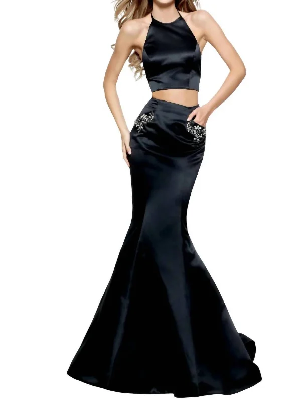 prom dress alterationsSatin Two-Piece Prom Dress In Black