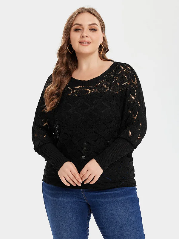 Plus-Size Flannel SweatersPointelle Knit Round Neck Sweater