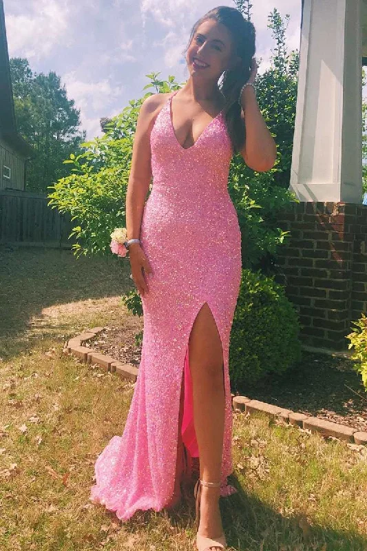 prom dresses for curve-hugging figuresPink Iridescent Sequin V-Neck Mermaid Long Prom Dress with Slit