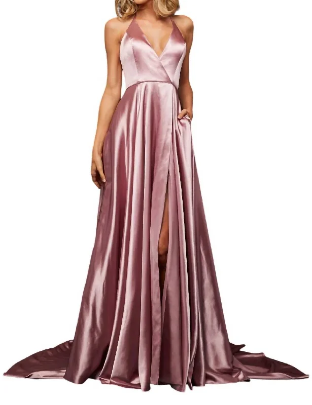 fitted prom dressesV-Neck Halter Prom Dress In Rose