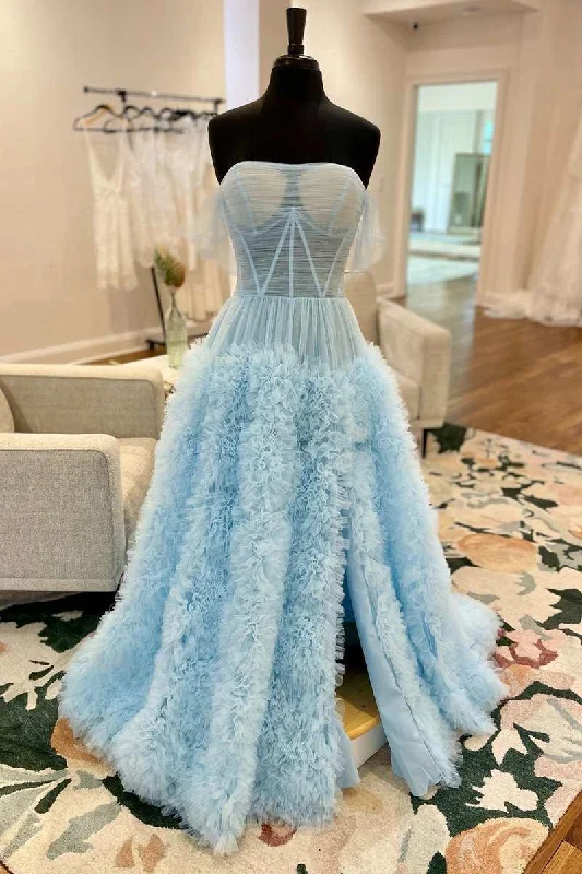 geometric print prom dressesLight Blue Sheer Mesh Off-the-Shoulder Long Prom Dress with Ruffles