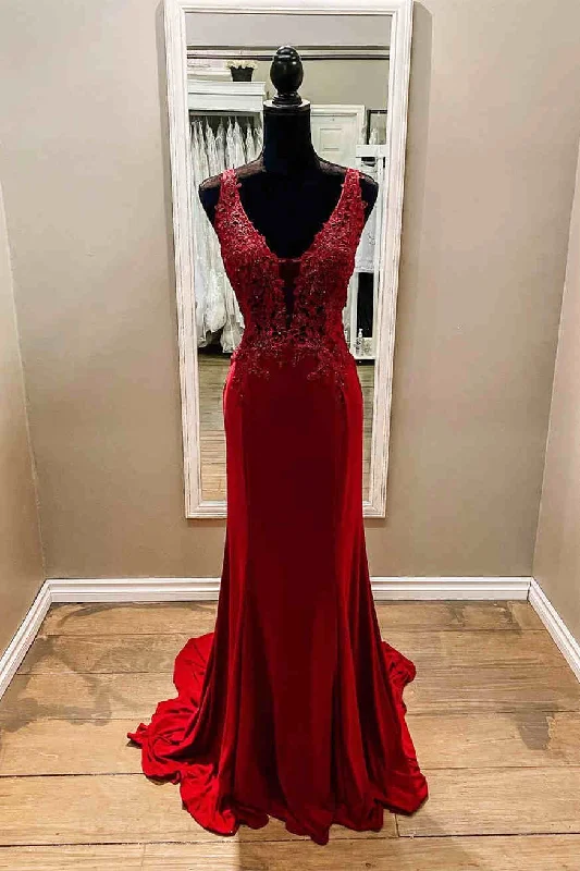 prom dresses for pear shapesMermaid Sleeveless Red Lace Prom Dress