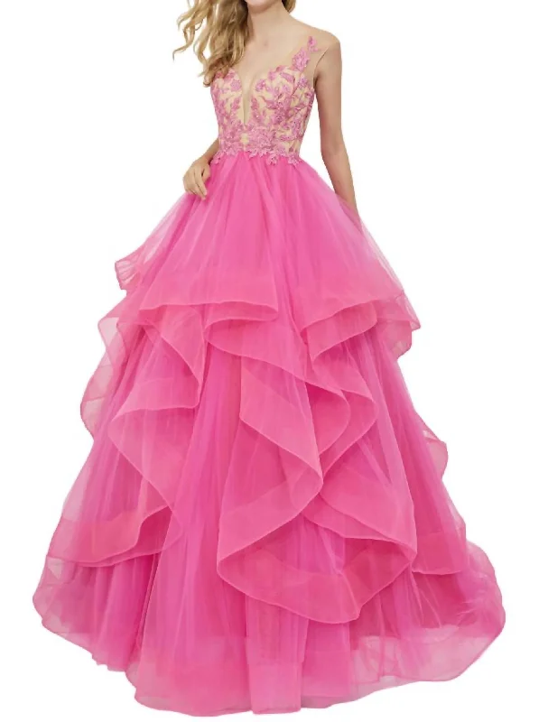 A-line prom dressesPlunging V-Neck Prom Dress In Fuchsia