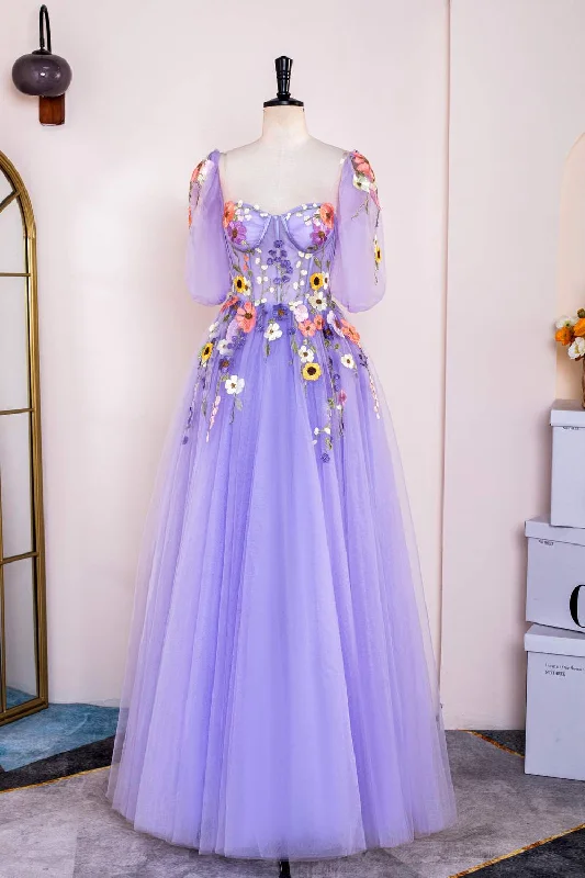 prom dresses with sheer overlaysLavender Puff Sleeves Floral Appliques A-line Long Prom Dress