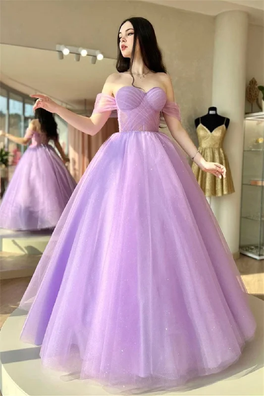 elegant prom dressesLilac Off-the-Shoulder Lace-Up Tulle Long Prom Dress