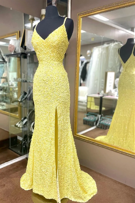 custom prom dressesMermaid Yellow Sequins Long Prom Dress with Slit