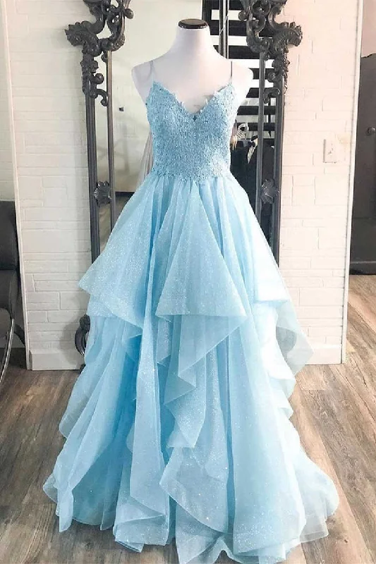 flutter sleeve prom dressesElegant Light Blue Ruffled Tulle Prom Dress