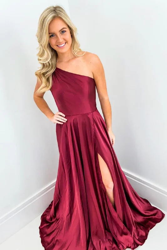 bespoke prom dressesElegant One Shoulder Wine Red Long Prom Dress with Split