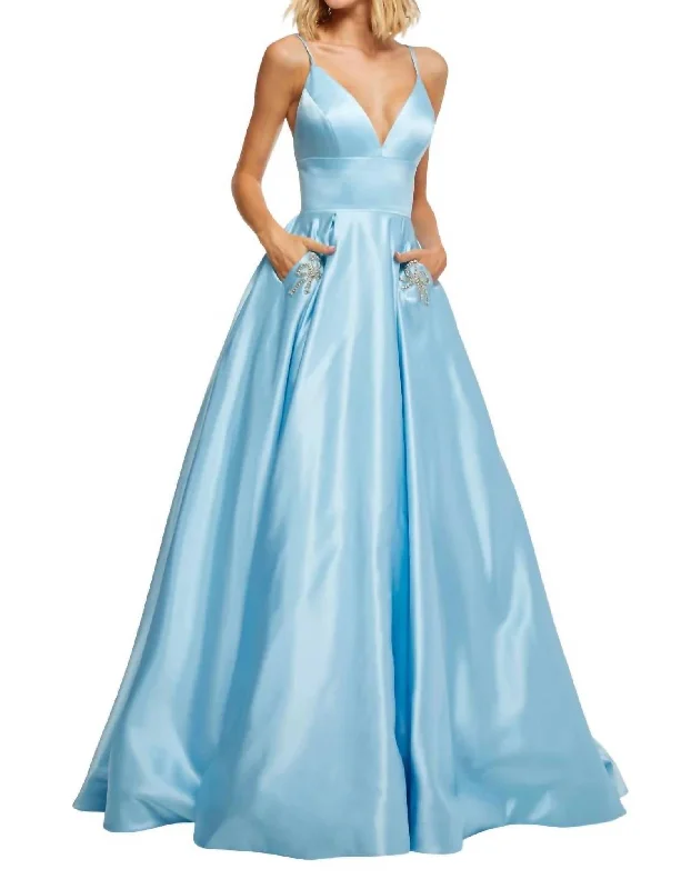 A-line prom dressesDeep V-Neckline Beaded Bow Prom Dress In Light Blue