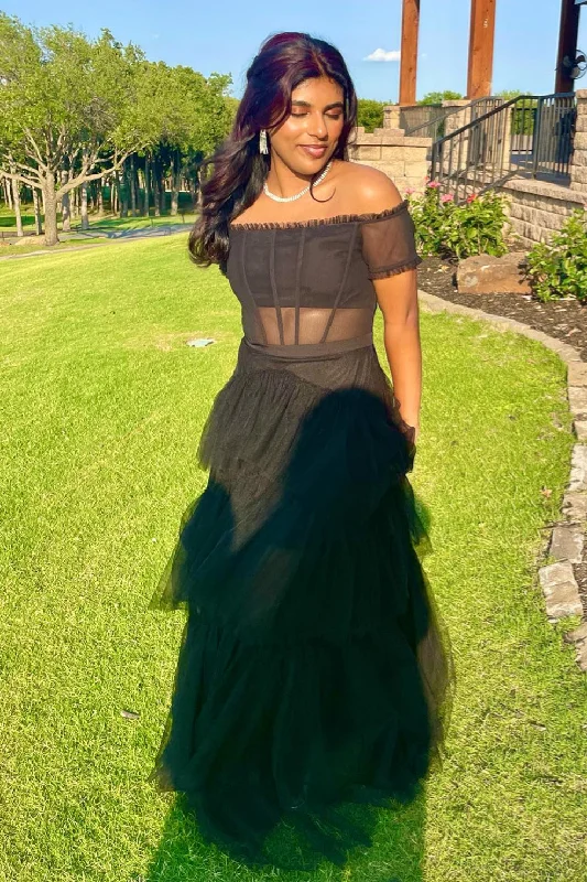 prom dresses for curve-hugging figuresBlack Off-the-Shoulder Ruffle Multi-Layers Long Prom Dress