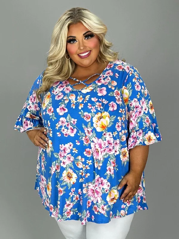 26 PQ {Enhanced Love} Blue Floral Criss Cross Floral Tunic CURVY BRAND!!! EXTENDED PLUS SIZE 3X 4X 5X 6X