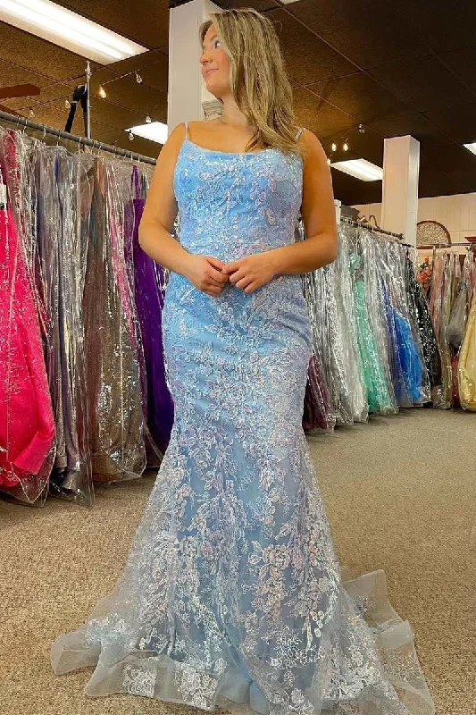 prom dress style guidesLight Blue Appliques Lace-Up Back Mermaid Long Prom Dress