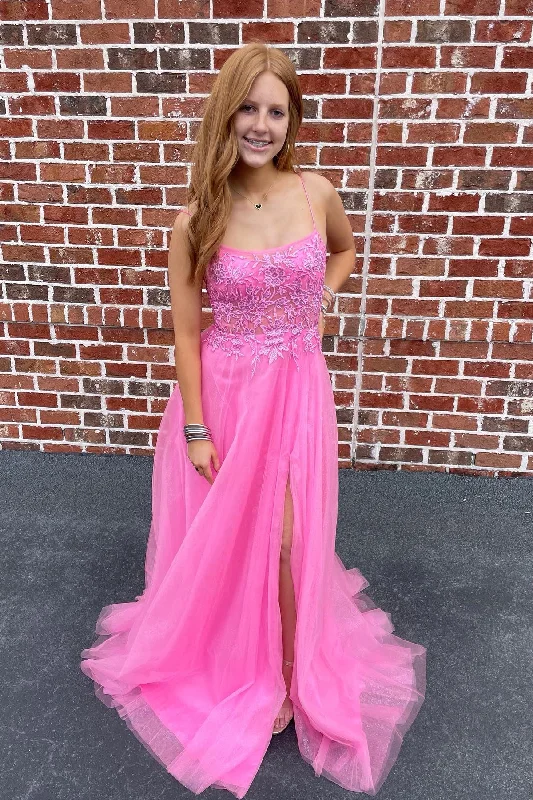 prom dress inspiration galleriesPink Scoop Neck Appliques Lace-Up Back Tulle Long Prom Dress with Slit