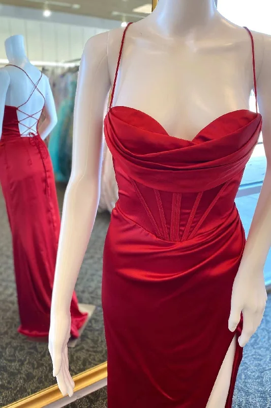 prom dresses with detachable sleevesWine Red Cowl Neck Lace-Up Back Long Prom Dress with Slit