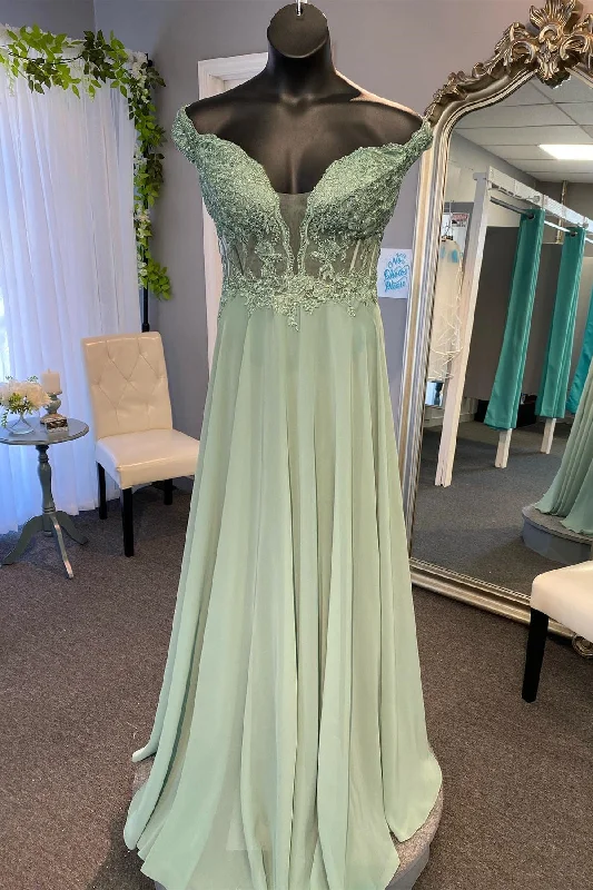 prom dresses for winterDusty Sage Off-the-Shoulder Appliques A-line Chiffon Long Prom Dress