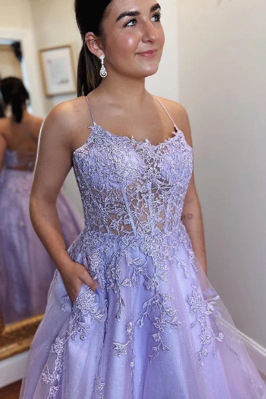 elegant prom dressesLilac Lace-Up Back Scoop Neck Boning Appliques Tulle Long Prom Dress