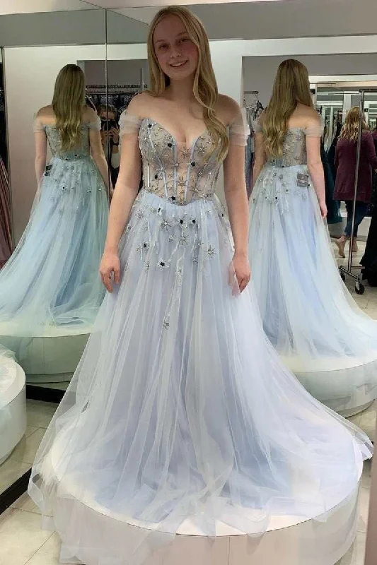 maxi prom dressesFairy-Tale Light Blue Tulle Beaded Off-the-Shoulder A-Line Prom Gown