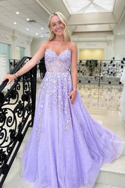 glamorous prom dressesLavender Strapless Appliques A-line Tulle Long Prom Dress