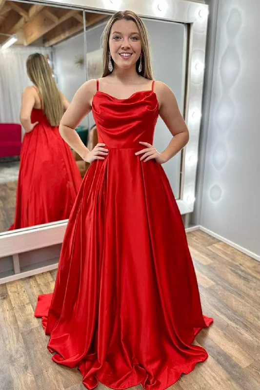 prom dress accessoriesRed Satin Cowl Neck Spaghetti Straps A-line Long Prom Dress