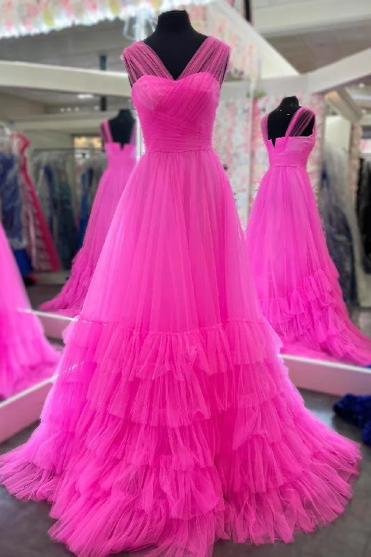 dark prom dressesHot Pink Illusion Strapless A-line Layers Tulle Long Prom Dress