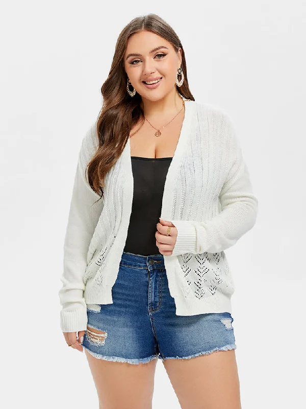 Plus-Size Pullover Chunky SweatersPointelle Knit Drop Shoulder Open Front Cardigan