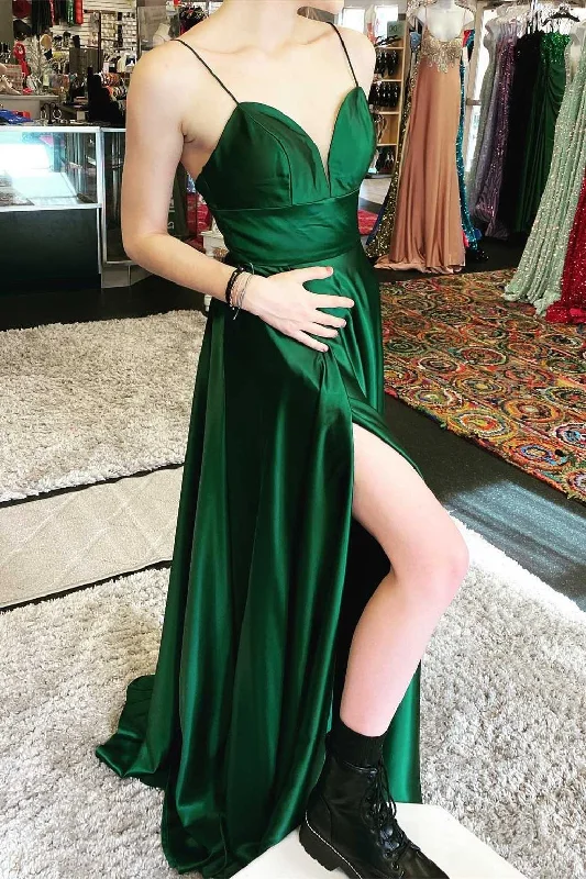 prom dress alterationsGreen V-Neck Empire Waist A-Line Prom Dress with Slit