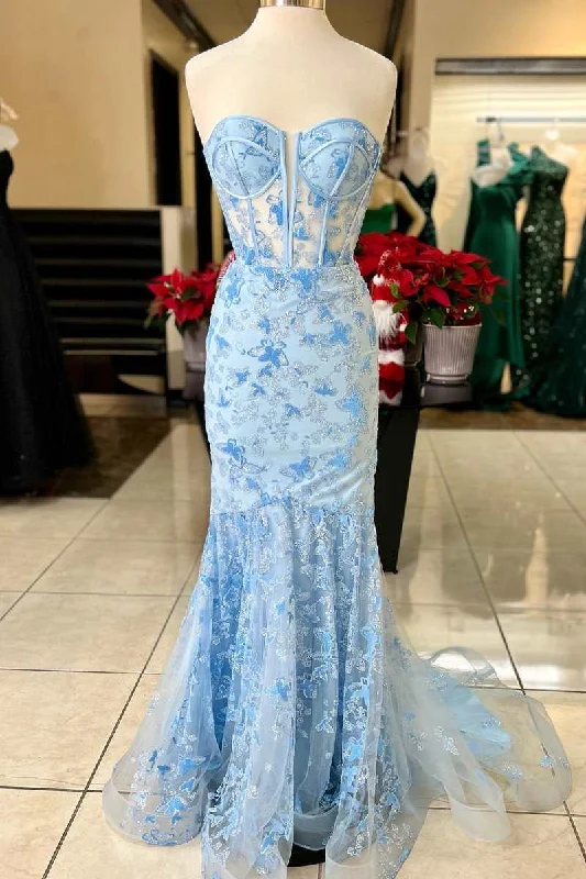 petite prom dressesLight Blue Lace Sweetheart Trumpet Long Prom Dress