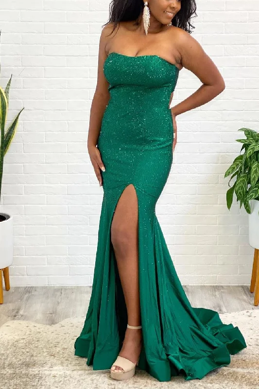 illusion sleeve prom dressesStrapless Green Mermaid Long Prom Dress with Slit