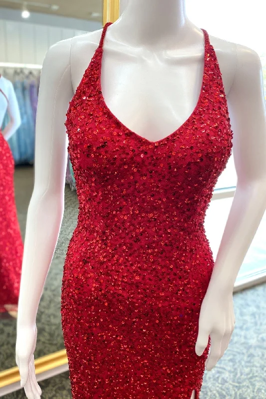 prom dress style guidesRed Sequins Mermaid Crossed Back Long Prom Dress with Slit