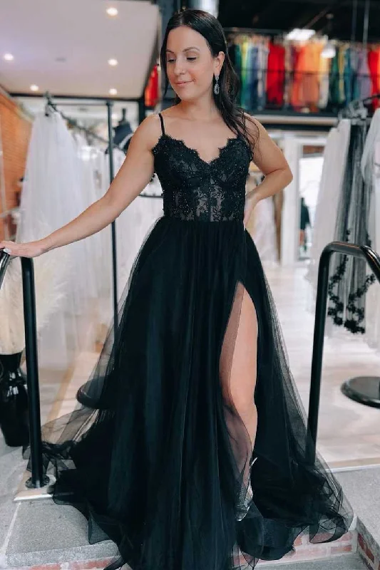 prom dress try-on ideasBlack Tulle Lace Lace-Up Back A-Line Prom Dress with Slit