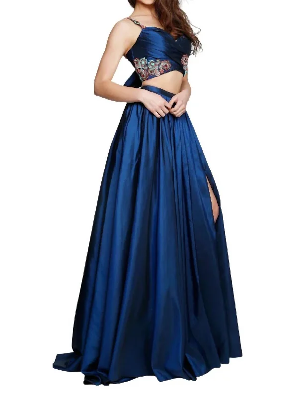 high-slit prom dressesTaffeta A-Line Prom Dress In Navy