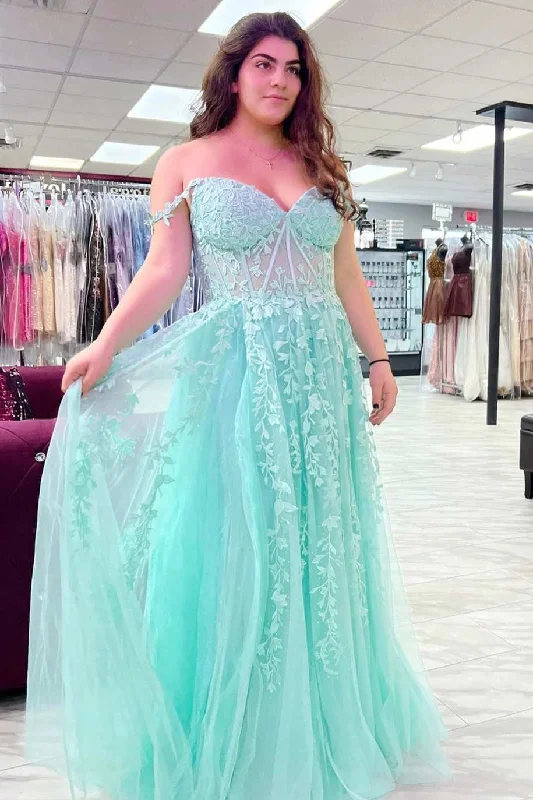 prom dresses with beaded accentsAqua Tulle Floral Lace Off-the-Shoulder A-Line Prom Dress