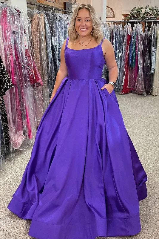 lace prom dressesSimple Purple A-line Long Prom Dress with Pockets