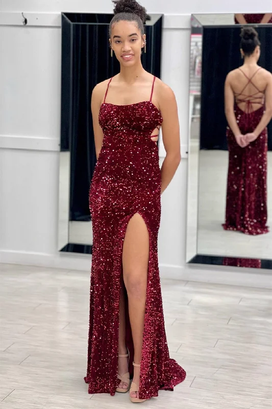 metallic prom dressesBurgundy Mermaid Lace-Up Back Sequins Long Prom Dress with Slit