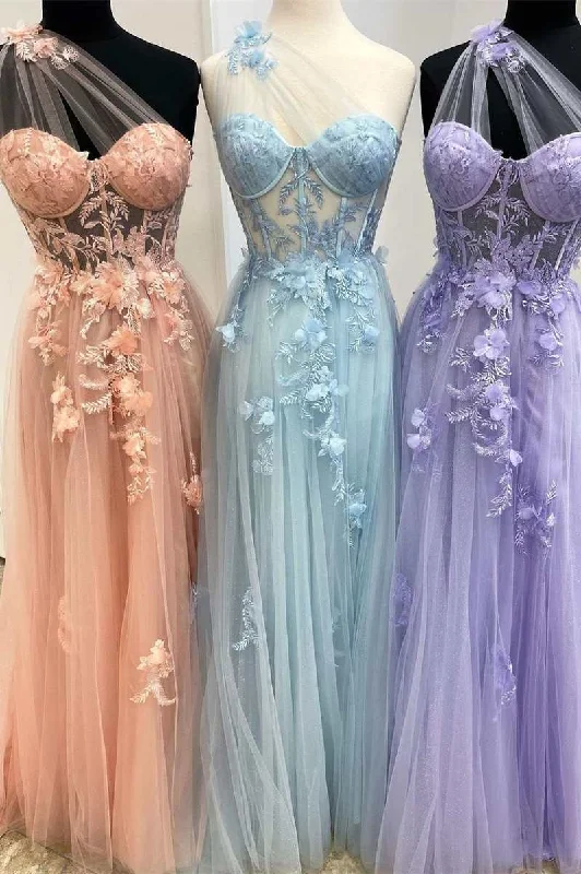 mini prom dressesFairy-Tale Appliques One-Shoulder A-Line Prom Gown