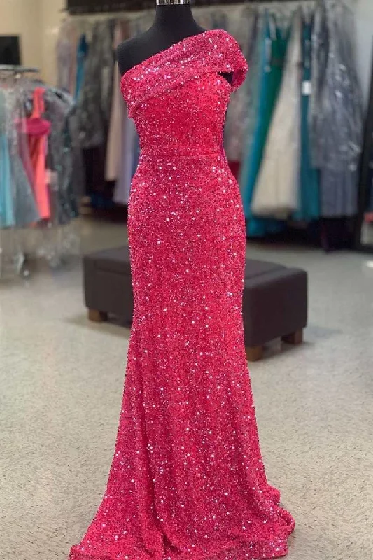 budget-friendly prom dressesHot Pink Sequin One-Shoulder Mermaid Long Prom Dress