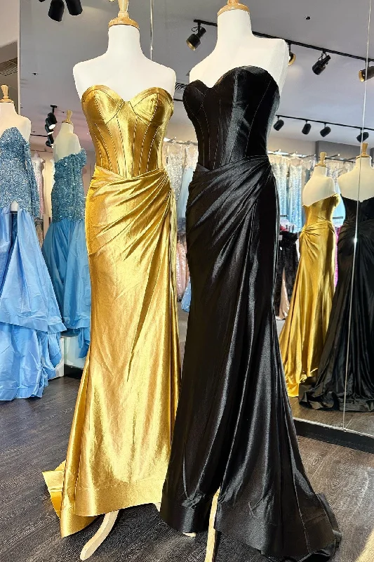 halter prom dressesGold Strapless Mermaid Satin Long Prom Dress